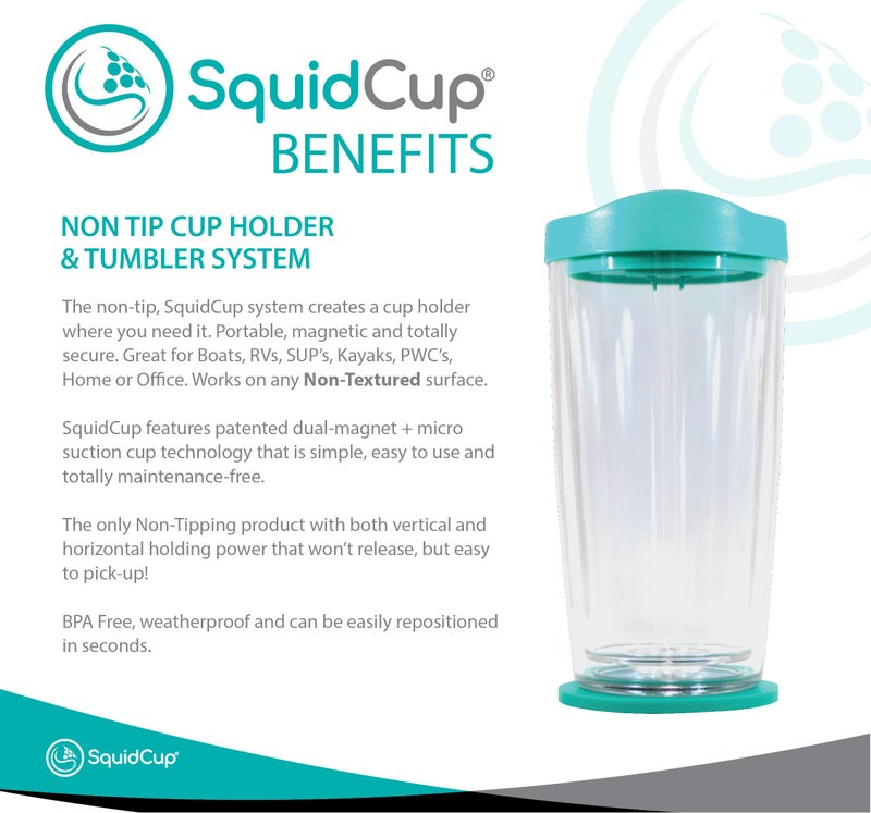 SquidCup - Non Tip Boat Cup Holder & Tumbler System, Teal, Portable, Double Wall Insulated, Magnetic & Suction for SUP's, Kayaks, RVs, ATV, Garage and More - Image 2